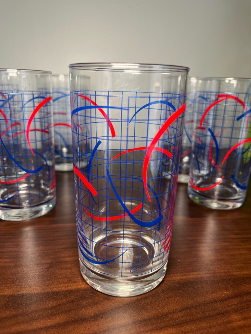 6 Vintage 1970’s Pronto Drinking Glasses. Signed Pronto Geometric Grid Pattern.